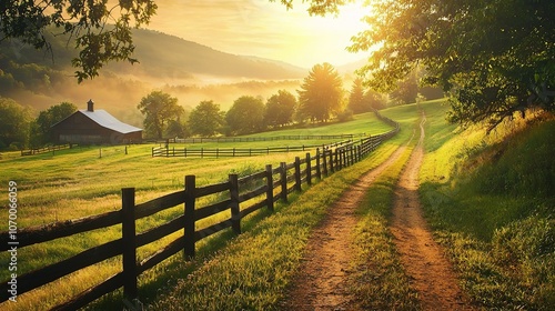 Serene Country Landscape at Sunrise with Fences