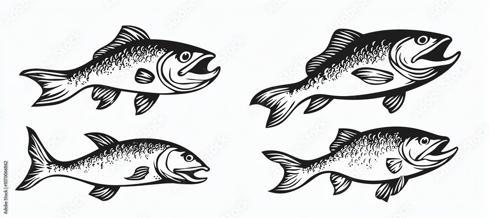 Set of cartoon simple vector linocut sardine, trout, salmon fishes Set of cartoon simple vector linocut sardine, trout, salmon fishes