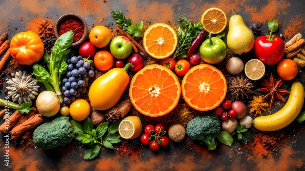 Colorful Flat Lay of Fresh Produce and Spices: Culinary Background Colorful Flat Lay of Fresh Produce and Spices: Culinary Background