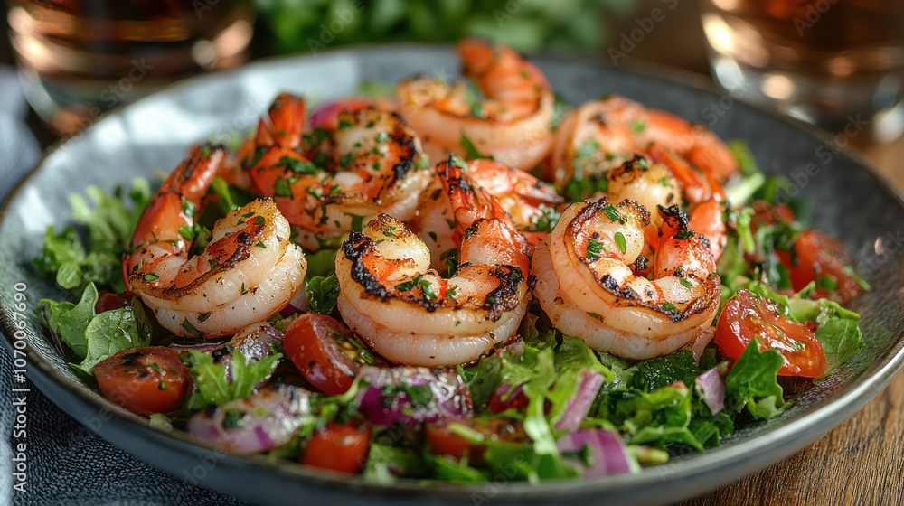 Grilled shrimp salad with fresh vegetables and herbs on a plate. Grilled shrimp salad with fresh vegetables and herbs on a plate.