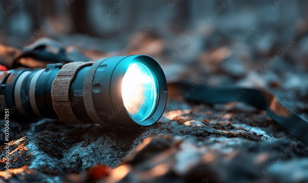 A powerful flashlight shines brightly in a dark forest, illuminating the rough terrain ahead. A powerful flashlight shines brightly in a dark forest, illuminating the rough terrain ahead.