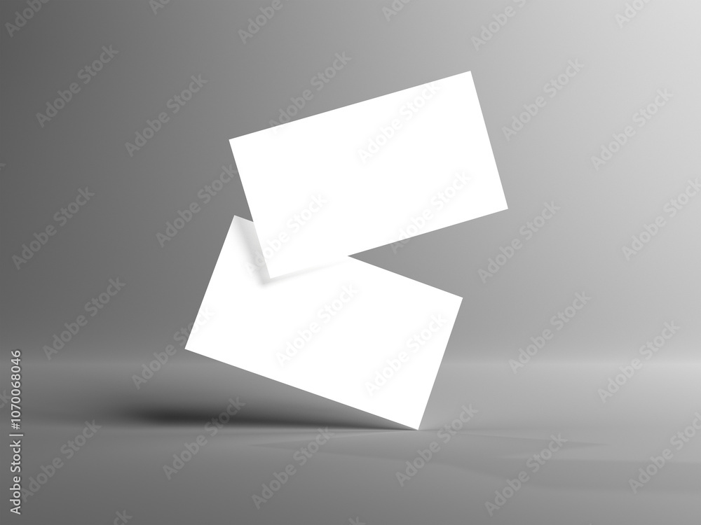 Two business cards floating on white background Mockup. Blank american size calling card. 3D rendering Two business cards floating on white background Mockup. Blank american size calling card. 3D rendering