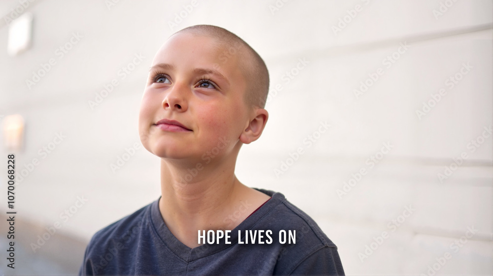 Obraz premium Bald child with hopeful expression for cancer awareness