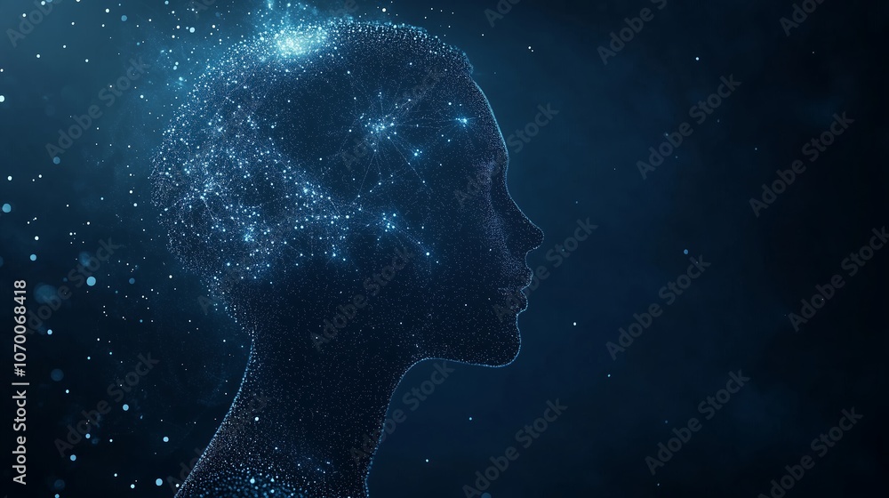A digital representation of a human head silhouette filled with glowing stars and cosmic elements against a dark background A digital representation of a human head silhouette filled with glowing stars and cosmic elements against a dark background