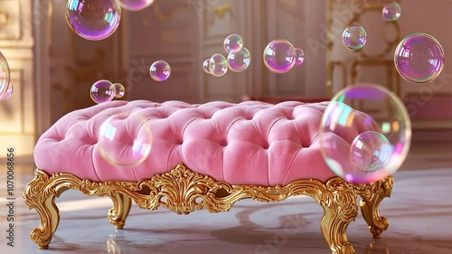 Soap bubbles in the interior
A video in which soap bubbles float smoothly in an ornate interior with exquisite furniture. In the center of the frame is a pink velvet ottoman with gold carved legs.