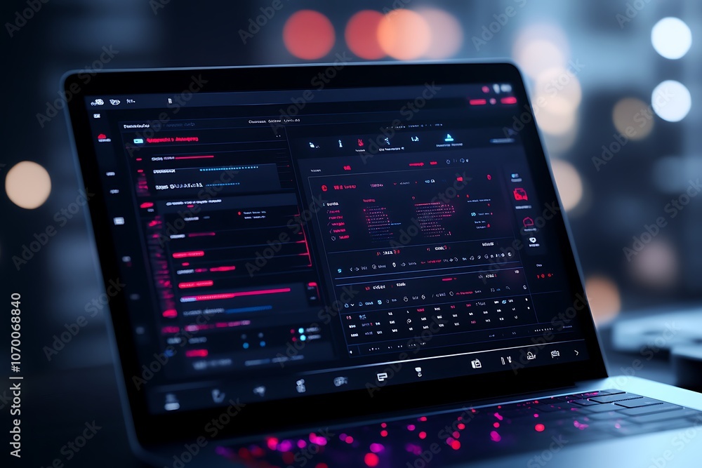 Close-up of a laptop screen displaying data analysis charts and graphs with red and blue color scheme. Close-up of a laptop screen displaying data analysis charts and graphs with red and blue color scheme.