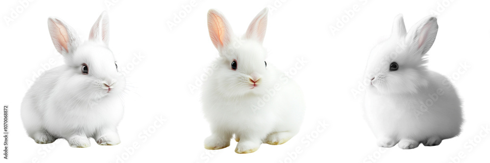 Set of white cute adorable fluffy rabbit isolated on a transparent background Set of white cute adorable fluffy rabbit isolated on a transparent background