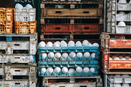 A close-up of white eggs stacked in plastic crates at a market.