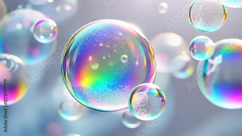 Flying soap bubbles on a white background
A video in which soap bubbles float smoothly and move over a white background. The bubbles shine, shimmering with iridescent shades.