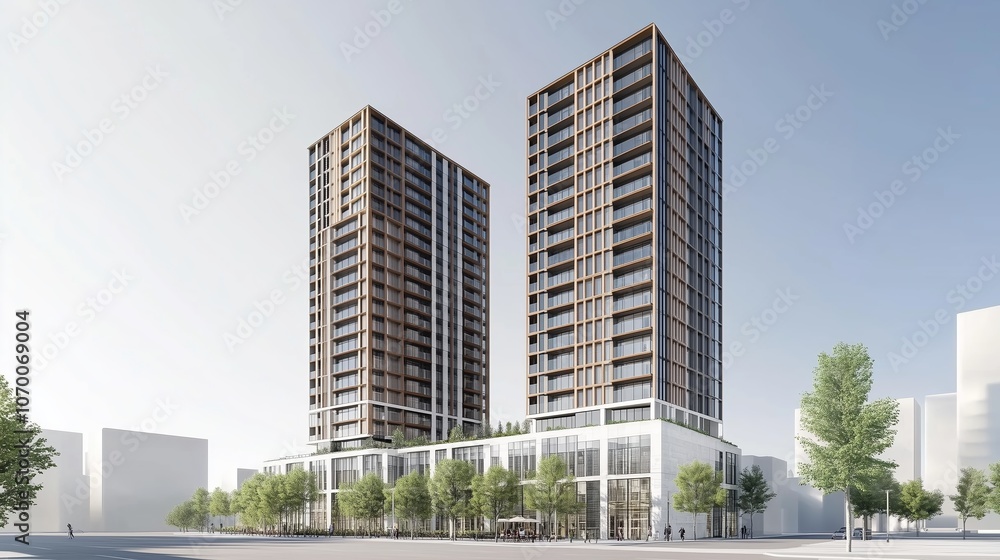 Modern urban towers showcasing innovative architecture in a vibrant cityscape during a clear day Modern urban towers showcasing innovative architecture in a vibrant cityscape during a clear day