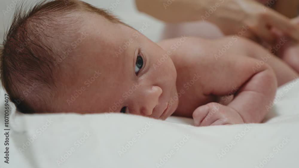 Front view close-up naked chubby newborn kid joy of feet massage. Little newborn baby lying on his stomach having tummy time.