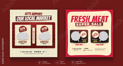 Set of Meat market butchery shop catalog and grocery sale social media post template