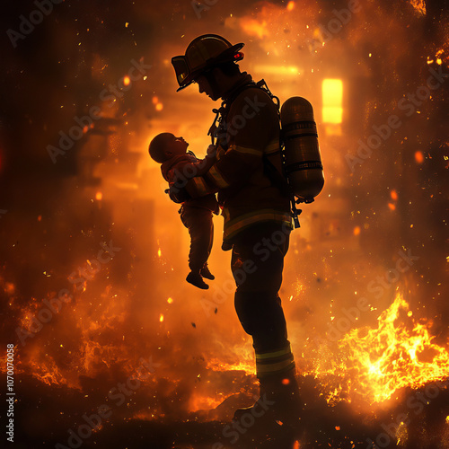  photo of a professional firefighter saving small child from burning buildings photo