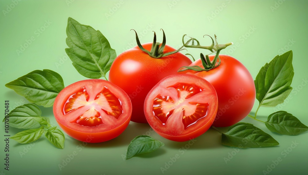 This image represents a detailed illustration of vibrant, ripe tomato slices with fresh green leaves, depicted on a green background.