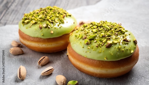Two pistachio cream filled donuts topped with crushed pistachios, the rich pistachio filling and nutty topping add a delicious touch to these golden, sweet pastries.