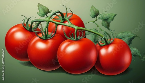 An artistic illustration depicting a group of vibrant red tomatoes attached to a stem, set against a muted green background, capturing the natural essence and freshness of the subject