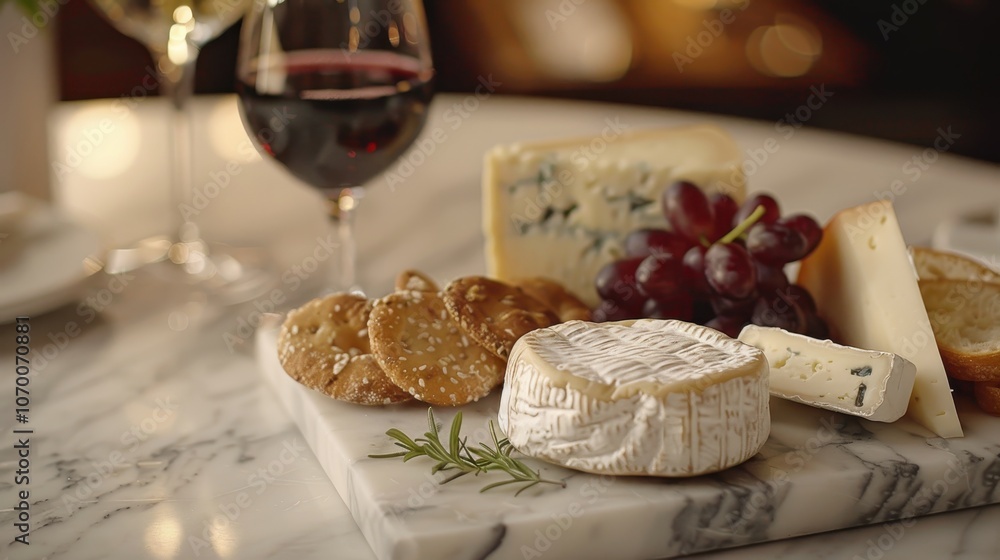 Elegant cheese and wine setup with gourmet crackers on a marble slab, featuring camembert, blue cheese, and red grapes. Elegant cheese and wine setup with gourmet crackers on a marble slab, featuring camembert, blue cheese, and red grapes.