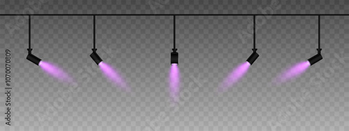 Row of adjustable spotlights emitting a soft pink glow. Angled lights create a focused beam effect, adding ambiance to a dark background. Modern interior designs, exhibitions, and stage lighting