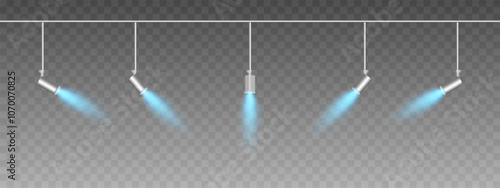 Row of adjustable spotlights emitting a soft blue glow. Angled lights create a focused beam effect, adding ambiance to a dark background. Modern interior designs, exhibitions, and stage lighting