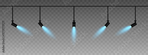 Row of adjustable spotlights emitting a soft blue glow. Angled lights create a focused beam effect, adding ambiance to a dark background. Modern interior designs, exhibitions, and stage lighting