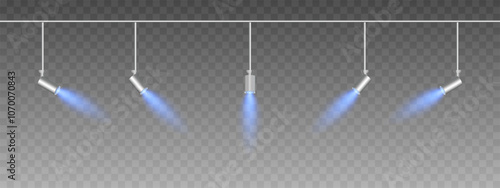 Row of adjustable spotlights emitting a soft blue glow. Angled lights create a focused beam effect, adding ambiance to a dark background. Modern interior designs, exhibitions, and stage lighting