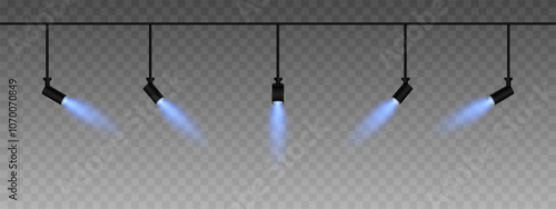 Row of adjustable spotlights emitting a soft blue glow. Angled lights create a focused beam effect, adding ambiance to a dark background. Modern interior designs, exhibitions, and stage lighting