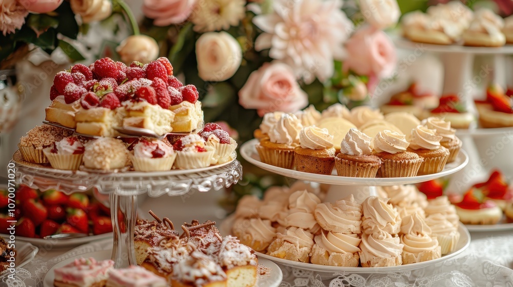 Elegant dessert table with assorted pastries and cupcakes arranged beautifully among fresh flowers, perfect for special occasions and celebrations. Elegant dessert table with assorted pastries and cupcakes arranged beautifully among fresh flowers, perfect for special occasions and celebrations.