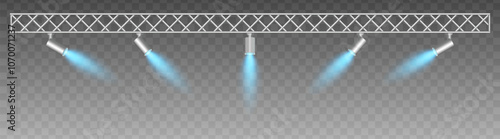 Metal truss with adjustable spotlights emitting soft blue beams, searchlight. projector. Industrial-style setup with focused lighting, Stage light, exhibitions, modern interior