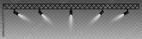 Metal truss with adjustable spotlights emitting soft white beams, searchlight. projector. Industrial-style setup with focused lighting, Stage light, exhibitions, modern interior