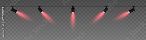 Row of adjustable spotlights with warm red glow, casting angled beams. Modern lighting setup suitable for stage, exhibition, or interior decor, adding ambiance against a dark background