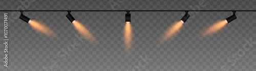 Row of adjustable spotlights with warm orange glow, casting angled beams. Modern lighting setup suitable for stage, exhibition, or interior decor, adding ambiance against a dark background