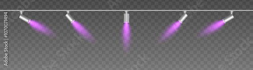 Row of adjustable spotlights with warm purple glow, casting angled beams. Modern lighting setup suitable for stage, exhibition, or interior decor, adding ambiance against a dark background