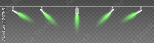 Row of adjustable spotlights with warm green glow, casting angled beams. Modern lighting setup suitable for stage, exhibition, or interior decor, adding ambiance against a dark background