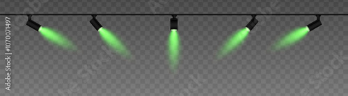 Row of adjustable spotlights with warm green glow, casting angled beams. Modern lighting setup suitable for stage, exhibition, or interior decor, adding ambiance against a dark background