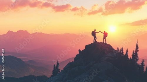 Silhouetted hikers atop a mountain at sunset, symbolizing adventure and connection.