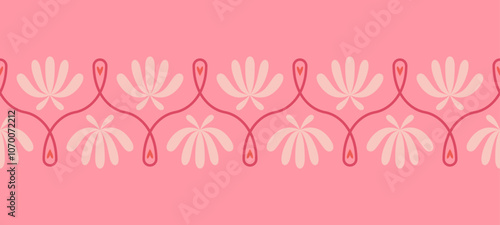 Folk floral seamless horizontal border. Traditional slavic scandinavian ornament with rustic embroidery motifs. Clean flat minimal geometric shapes in unique reflected elegant print.