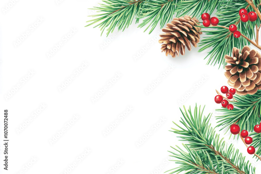 Festive pinecone and evergreen border with red berries on white background Festive pinecone and evergreen border with red berries on white background