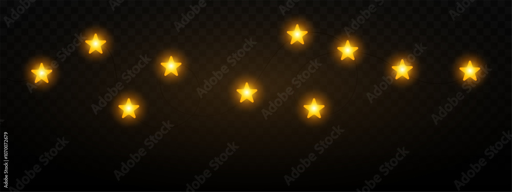 Garland of yellow gold star shaped Christmas lights hanging on a dark background, festive atmosphere. A string glowing fairy lights on a transparent background. Decorative, warm lighting Garland of yellow gold star shaped Christmas lights hanging on a dark background, festive atmosphere. A string glowing fairy lights on a transparent background. Decorative, warm lighting