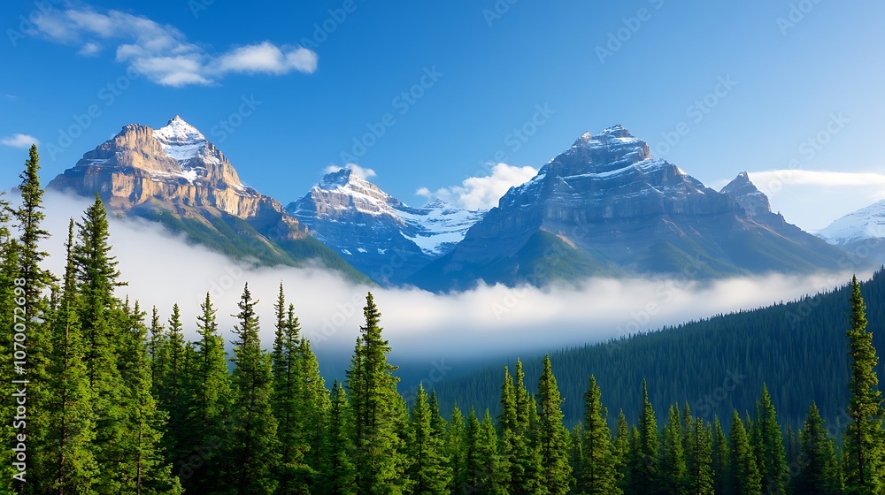 Majestic snow-capped mountains rise above a lush green forest with a layer of clouds in the valley. Majestic snow-capped mountains rise above a lush green forest with a layer of clouds in the valley.
