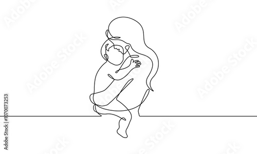 One Continuous Line Drawing of Happy Family Concept. Minimalist Vector Illustration in Simple Linear Style. Continuous One Line Drawing of Mother with Little Baby. Vector Graphic Illustration