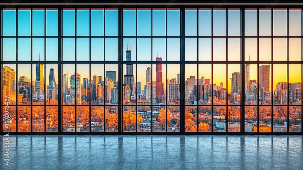 Naklejka premium Chicago skyline from warehouse window view from inventory inside
