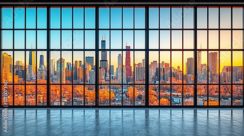 Chicago skyline from warehouse window view from inventory inside