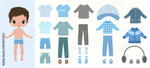 Paper doll clothes. Baby doll boy. Cute boy clothes. Vector illustration isolated on white background. Clothes set, collection. Dress up, cutouts, game, play, toy for children 
