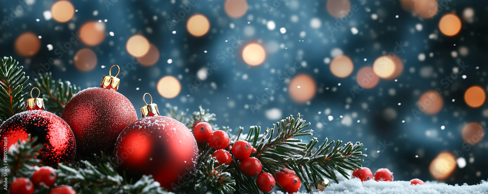Close-up abstract view of the decorated fir tree branch by Xmas balls. Banner, background and gifting card concept. Close-up abstract view of the decorated fir tree branch by Xmas balls. Banner, background and gifting card concept.