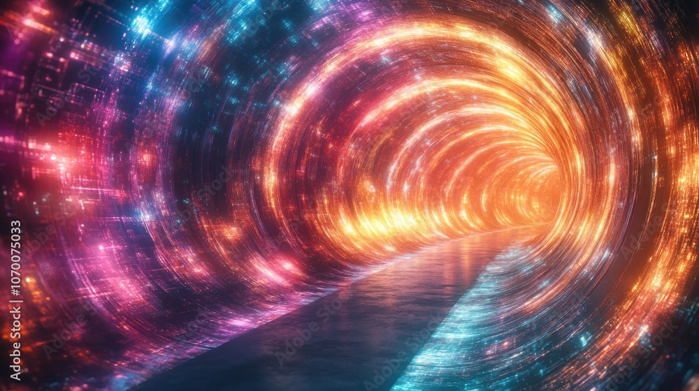 A 3D tunnel full of light and bright colors, like walking into another dimension, creating an attractive and exciting feeling A 3D tunnel full of light and bright colors, like walking into another dimension, creating an attractive and exciting feeling