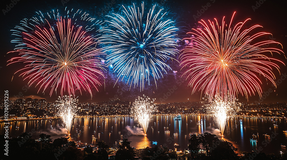 Obraz premium Night Sky Symphony: Fireworks explode over a cityscape, illuminating the night sky with vibrant bursts of color and light. The dazzling spectacle creates a sense of awe and wonder.
