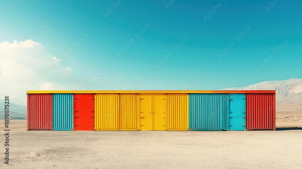 Vibrant containers standing against a clear blue sky in an isolated desert landscape, showcasing creativity and color. Generative AI Vibrant containers standing against a clear blue sky in an isolated desert landscape, showcasing creativity and color. Generative AI