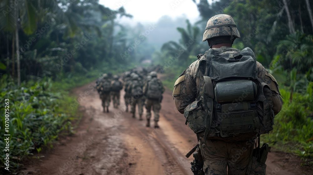Military men in combat gear march through jungle terrain Military men in combat gear march through jungle terrain
