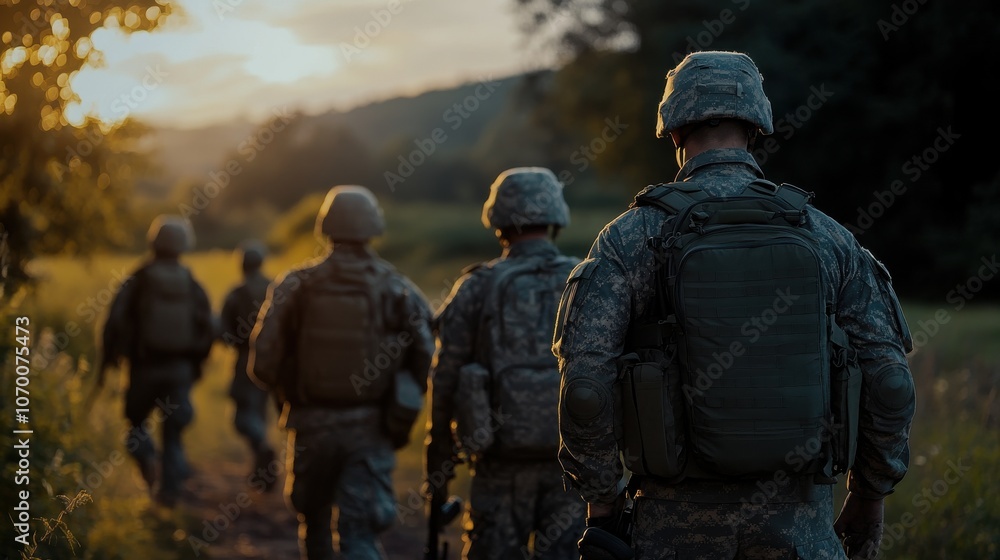 Military soldiers on a patrol through a rural landscape at sunset Military soldiers on a patrol through a rural landscape at sunset