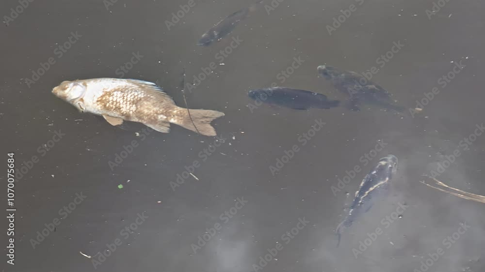 Carp and dead fish swimming in a shallow pond, revealing scales and gentle ripples in the water